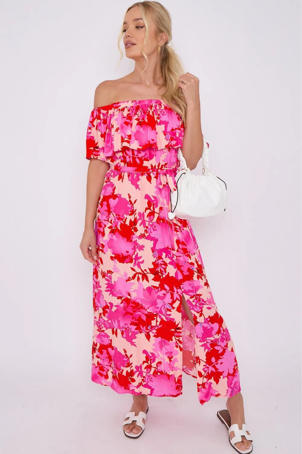 Goddiva Love Sunshine Bardot abito maxi rosa M floreale