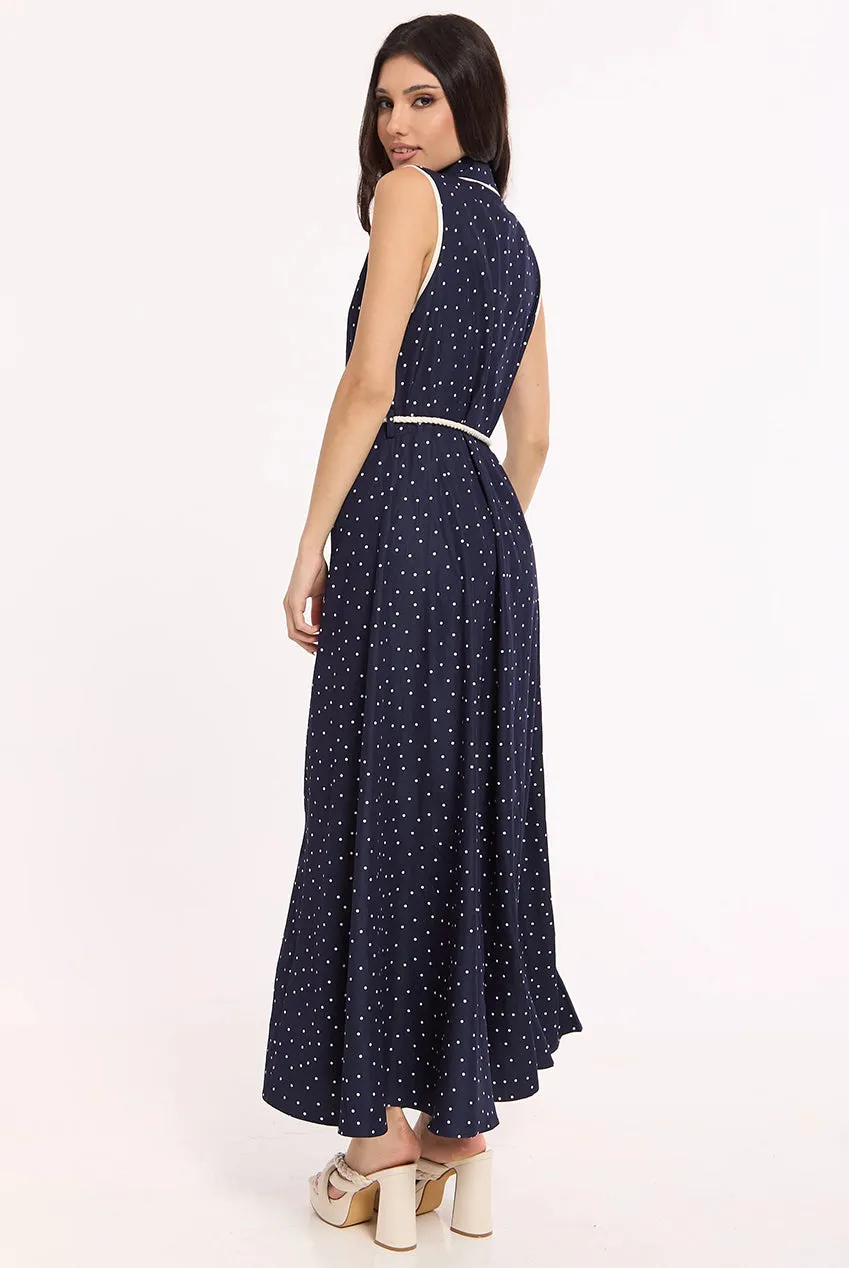 Liquorish Navy abito maxi blu a pois in tencel
