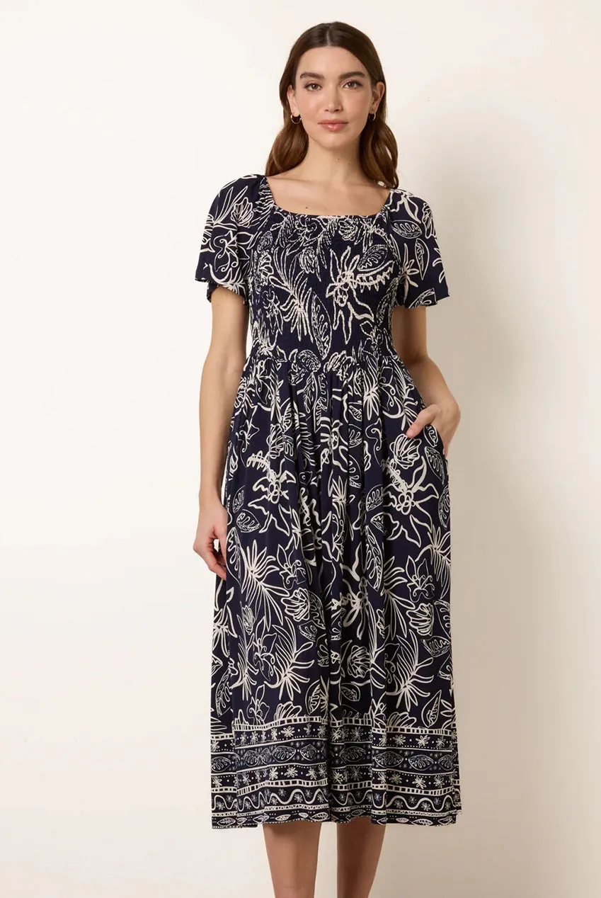 Blue Vanilla Shirred abito midi blu stampa tropicale S-L