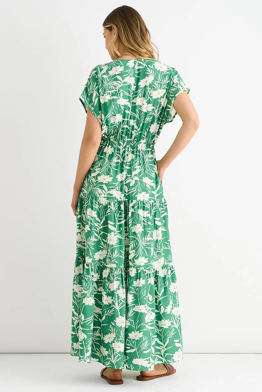 Gini London abito lungo verde floreale vita elasticizzata