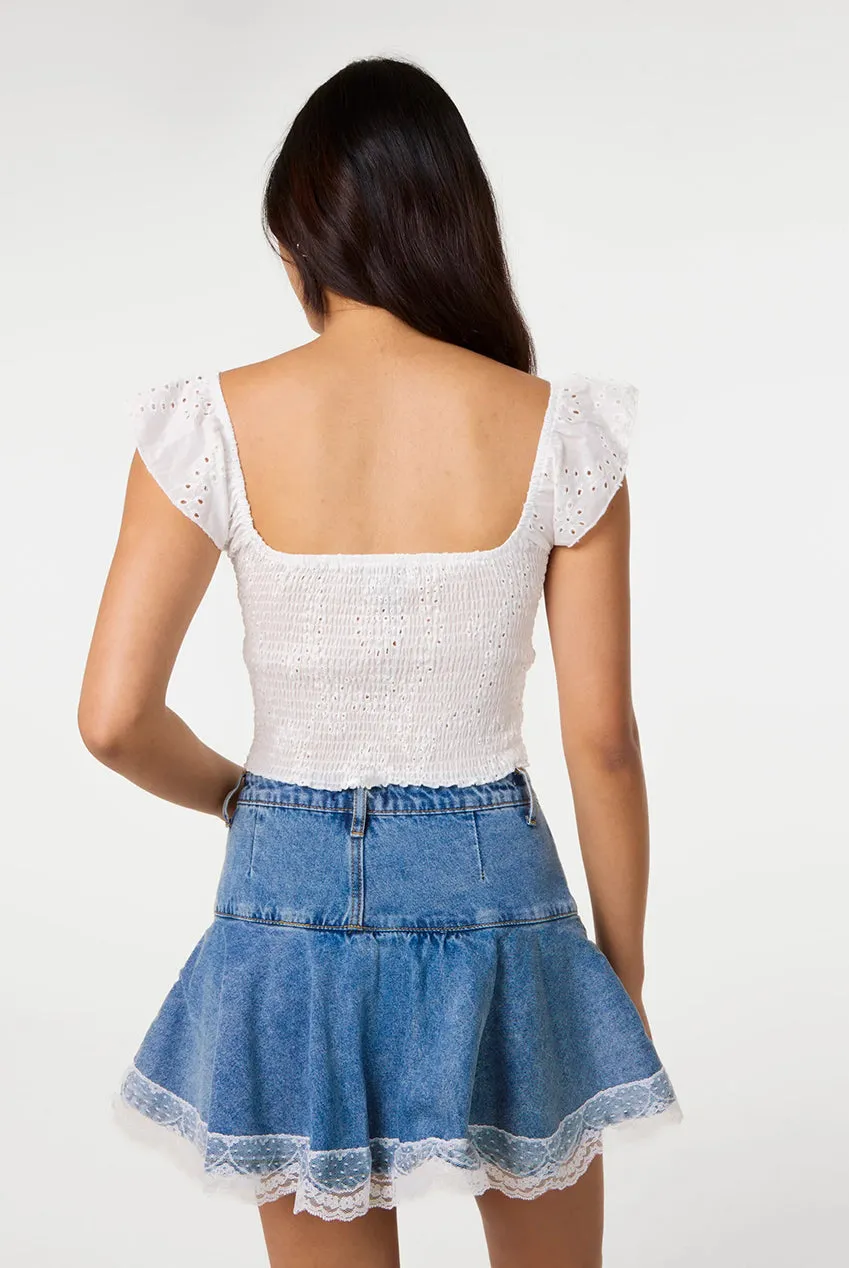 Pink Vanilla top bianco broderie volant cotone scollo cuore