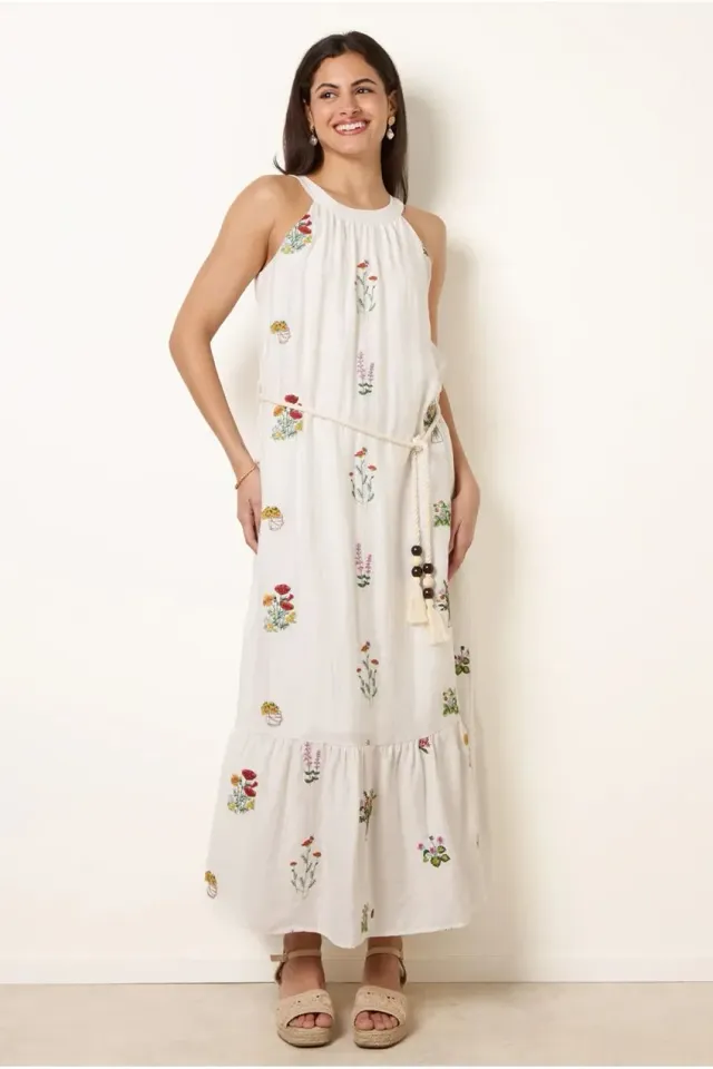 Blue Vanilla Halter Neck abito maxi stone ricamato cotone