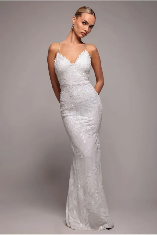 Goddiva Diamante Strap Abito Maxi Bianco Paillettes