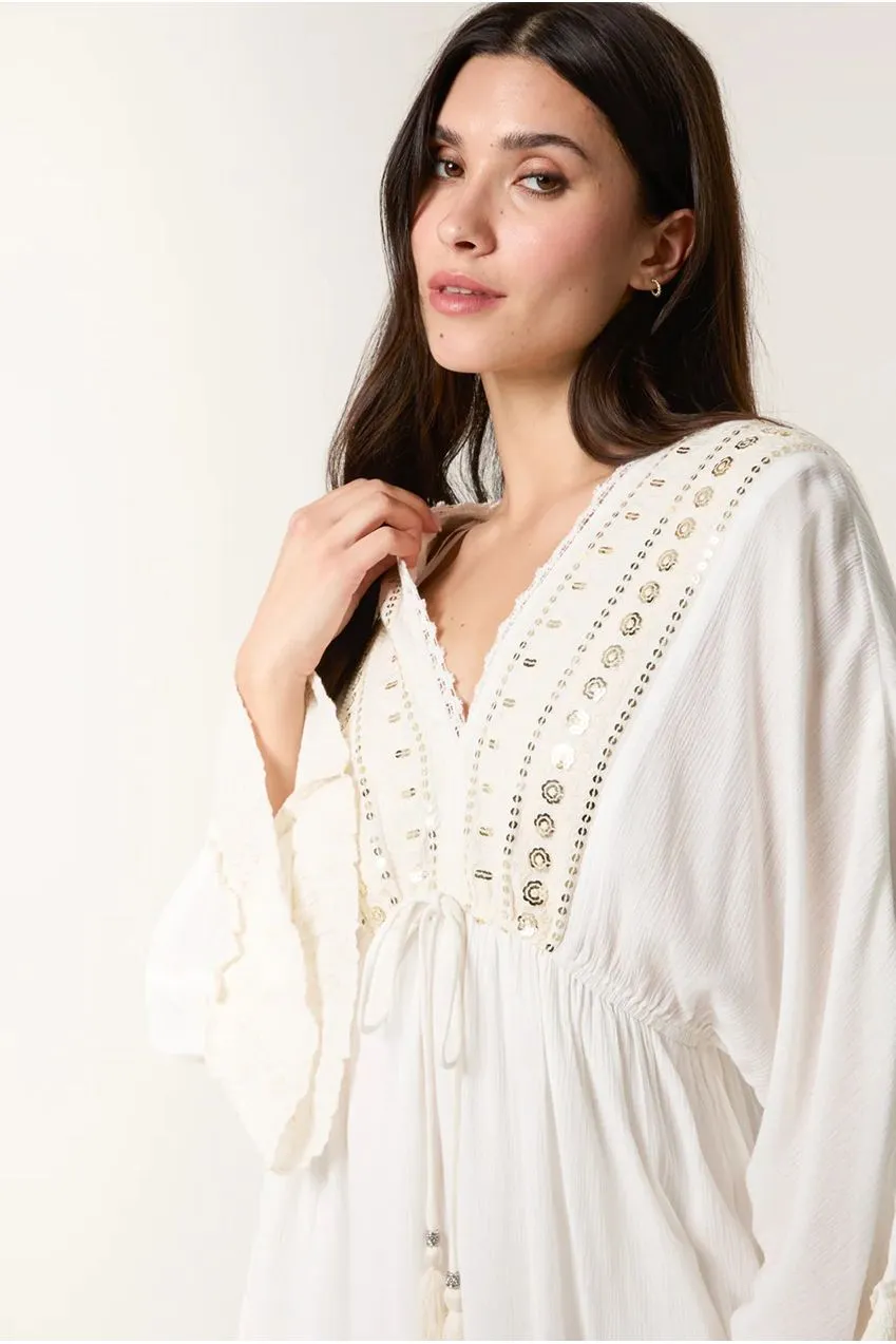 Blue Vanilla Kimono abito mini avorio viscosa ricamato