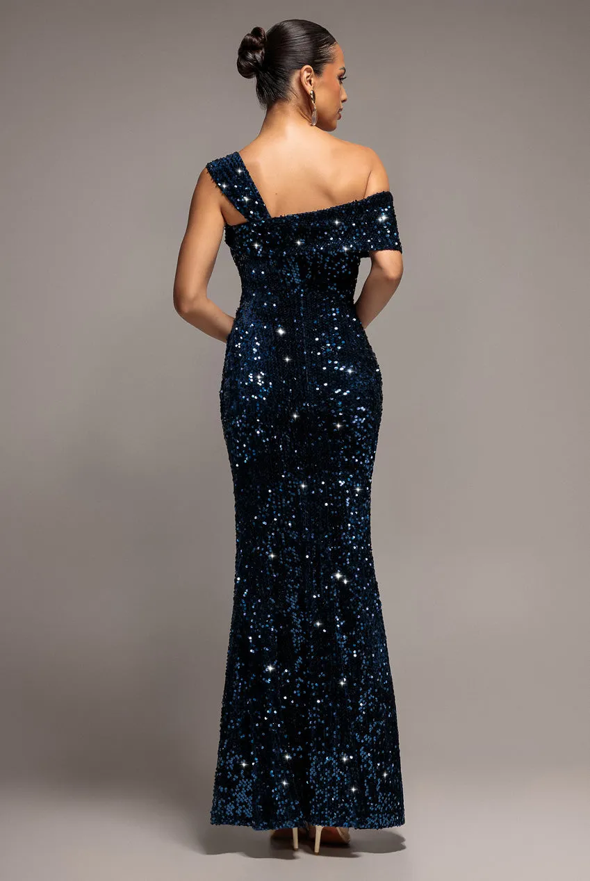 Goddiva abito maxi monospalla navy velluto paillettes