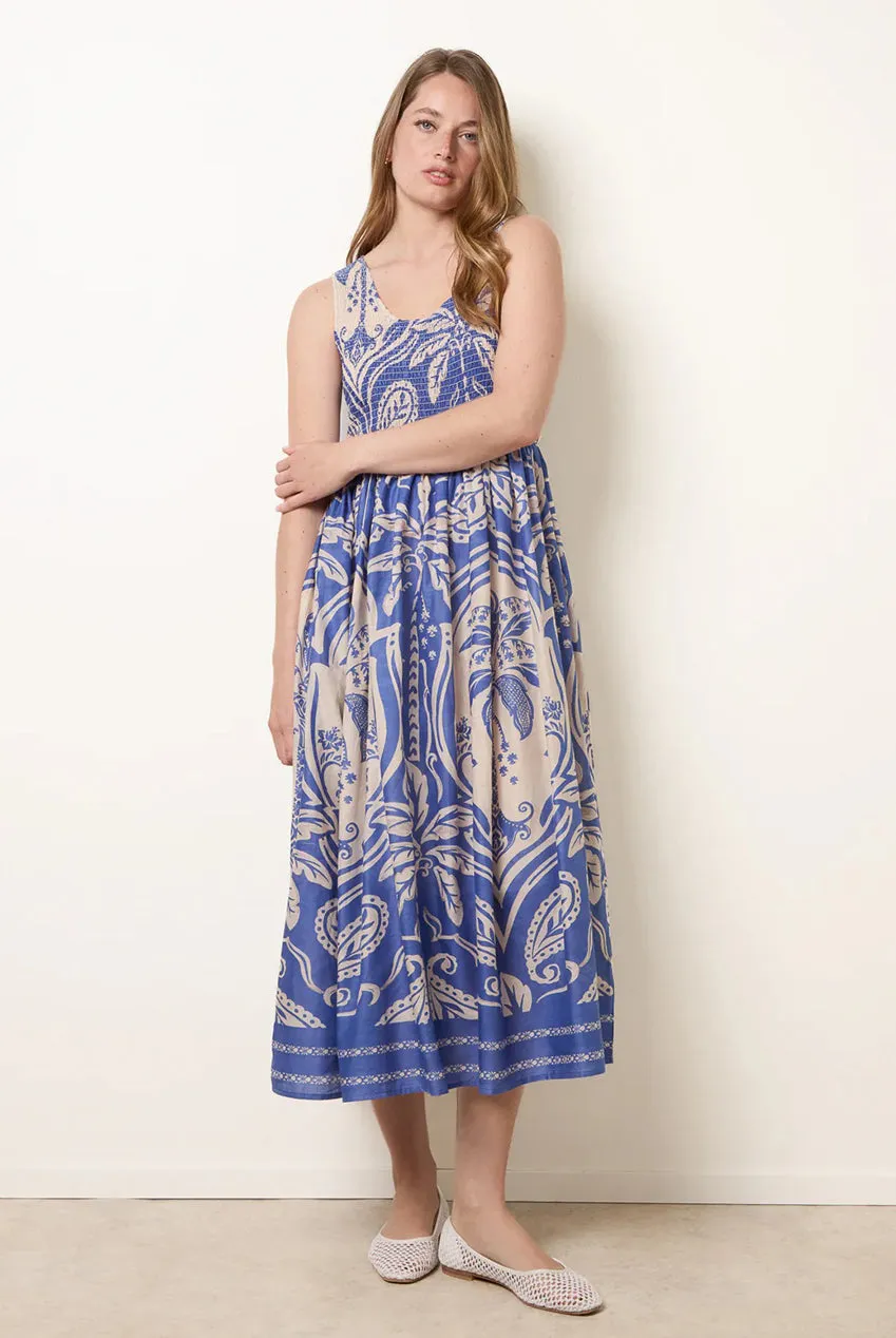 Blue Vanilla Sleeveless Shirred abito midi blu cotone fresco