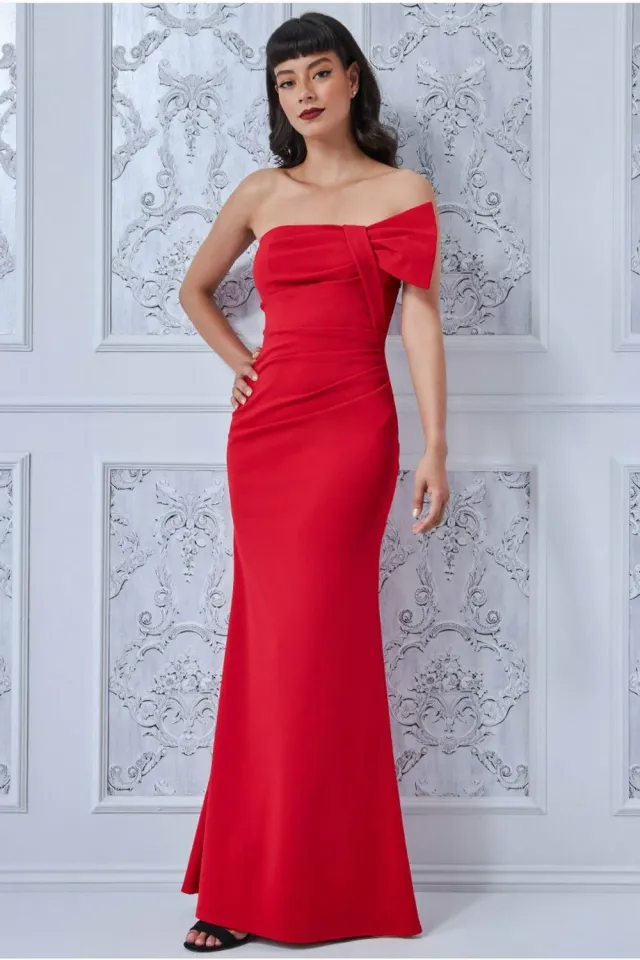 Goddiva Bow Detail Bandeau abito rosso lungo con fiocco