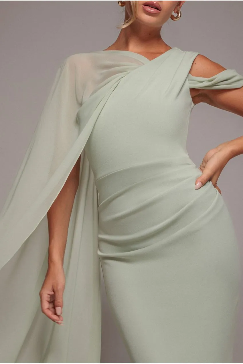 Goddiva One Shoulder Cape abito maxi verde salvia crepe
