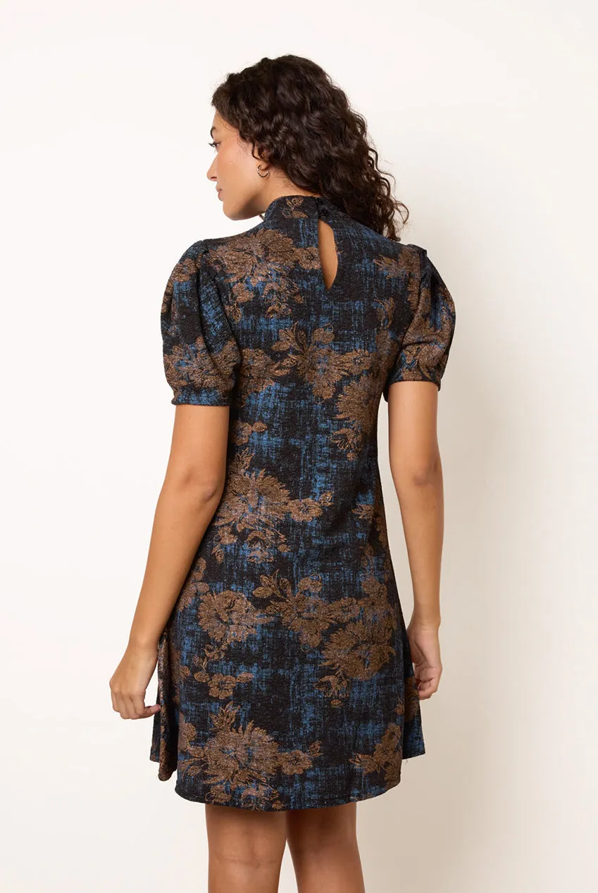 Blue Vanilla High Neck Puff Sleeve miniabito blu elasticizzato