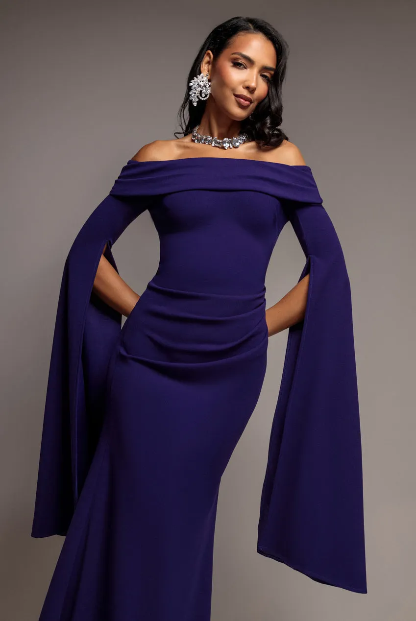 Goddiva Abito Maxi Bardot Viola Scuro con Mantella Sirena Scuba