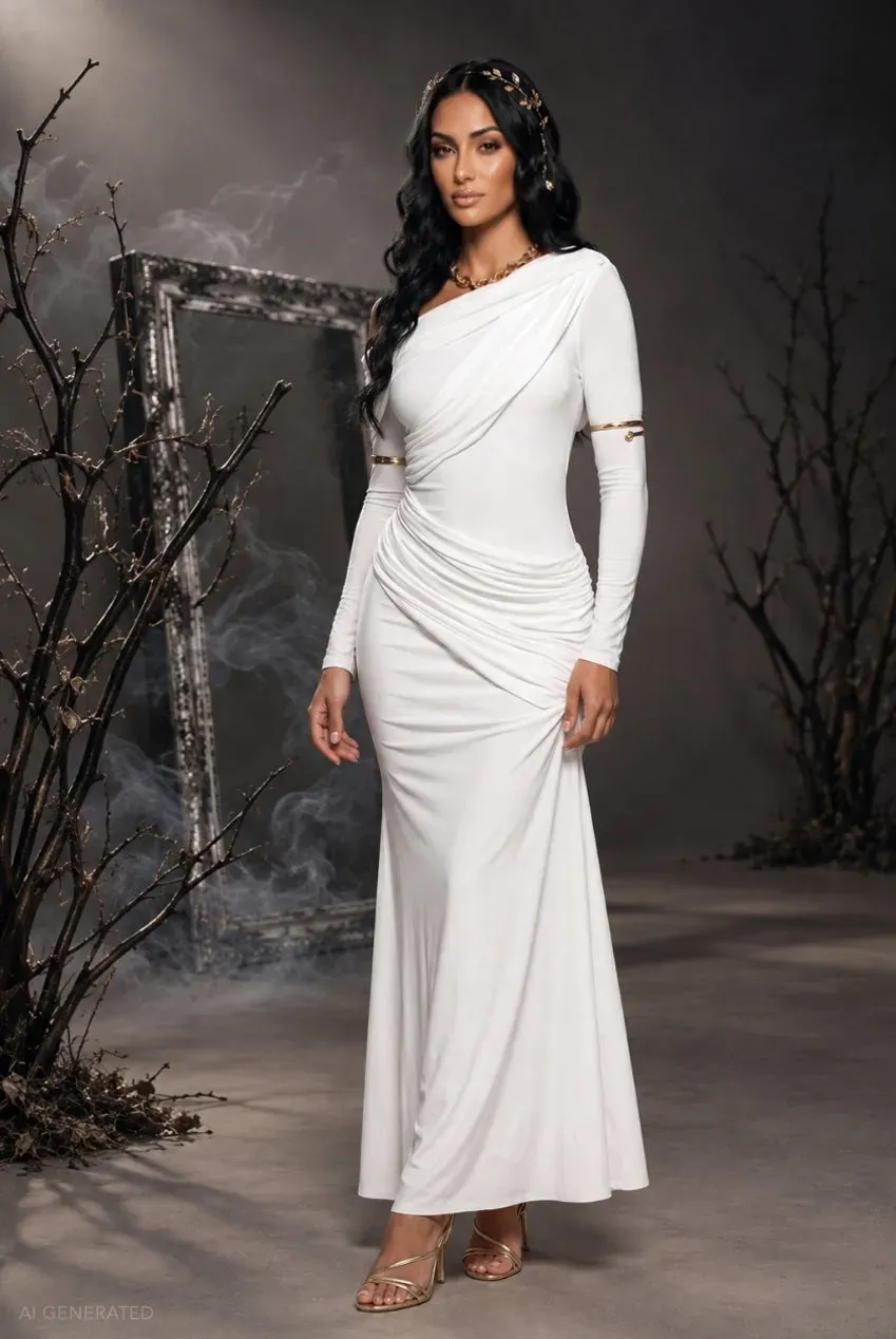 Goddiva Draped Long Sleeve Maxi abito bianco dea greca