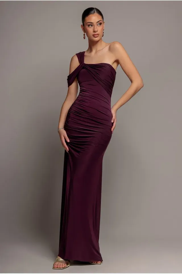 Goddiva One Shoulder abito maxi bordeaux twist DR5351