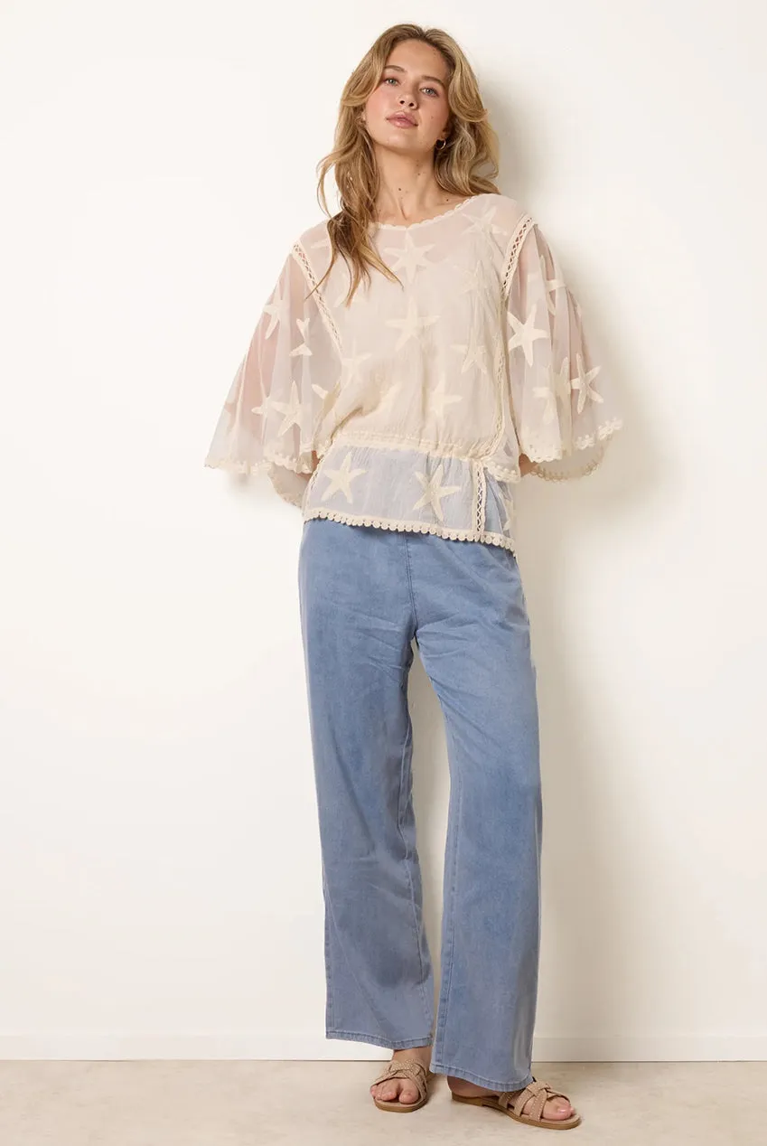 Blue Vanilla Star Fish Camicia beige in cotone ricamata