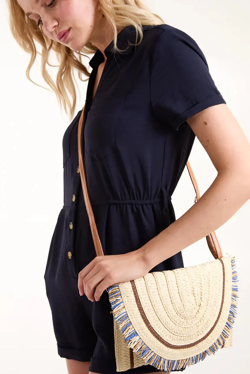 Blue Vanilla clutch paglia stone con frange e tracolla