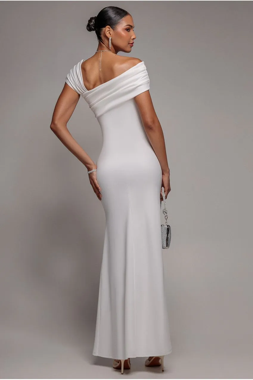 Goddiva One Shoulder abito maxi bianco scuba cerimonia