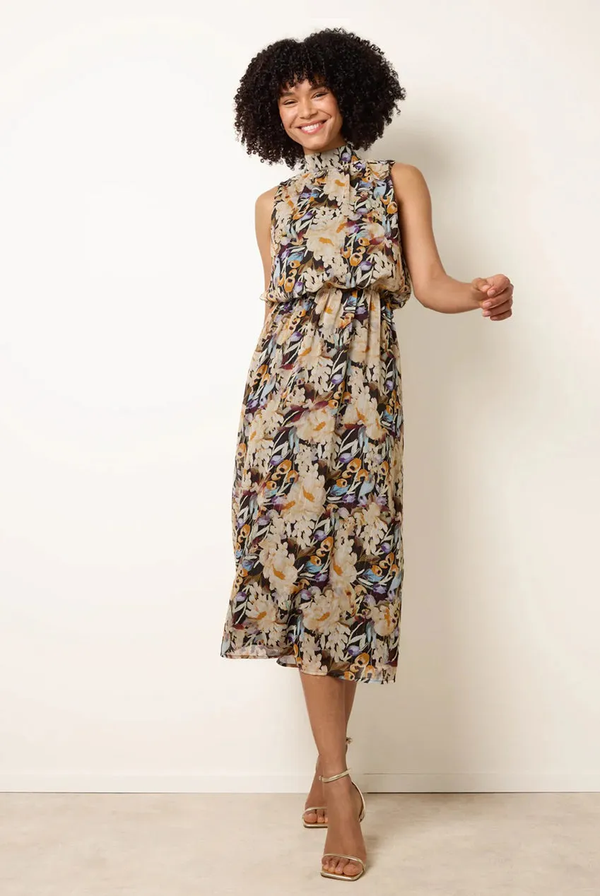 Blue Vanilla Abito Midi Nero Floreale Collo Alto