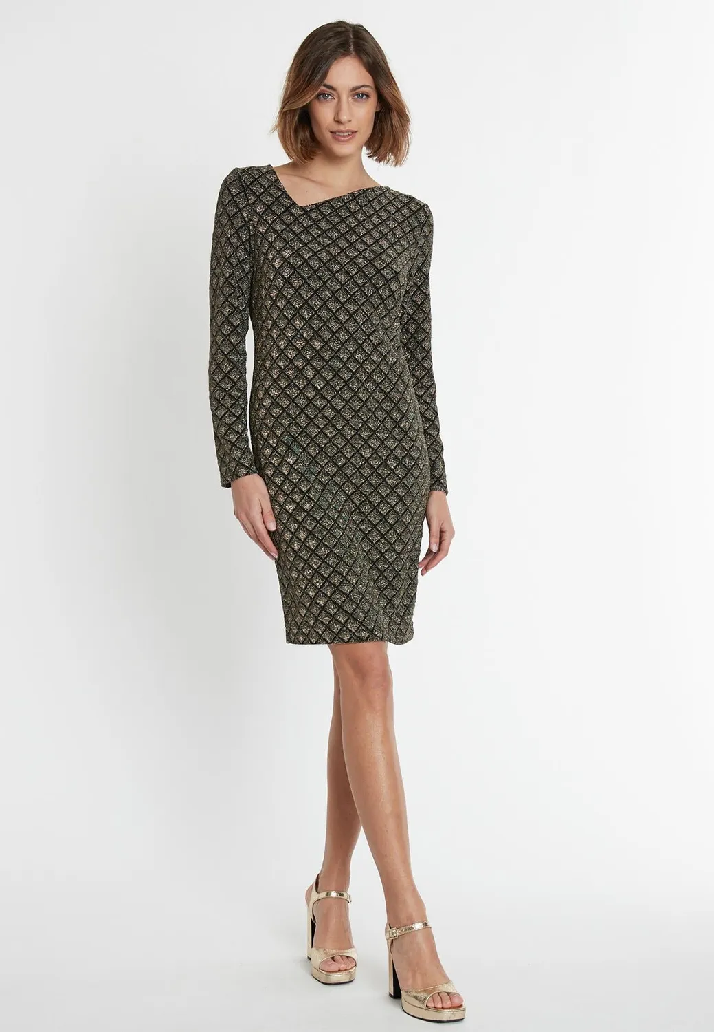 Ana Alcazar Sakyra abito lurex nero oro scollatura asimmetrica