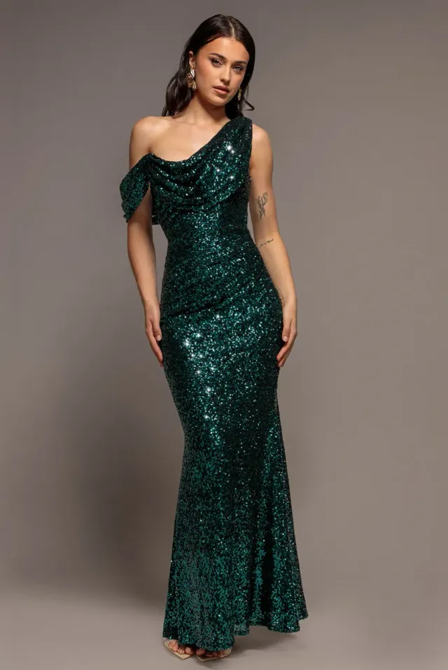 Goddiva Sequin Cowl abito maxi verde smeraldo monospalla paillettes