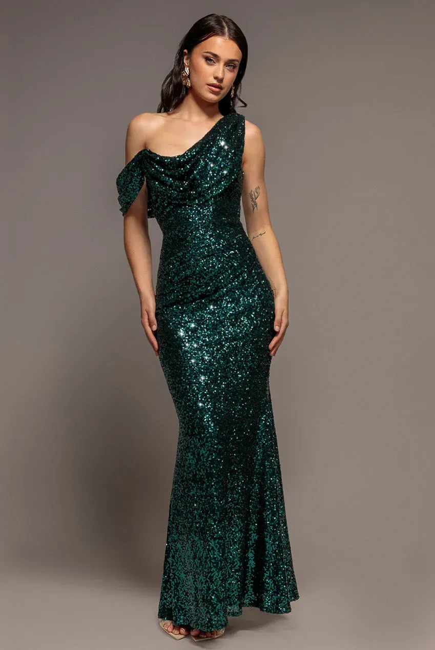 Goddiva Sequin Cowl abito maxi verde smeraldo monospalla paillettes