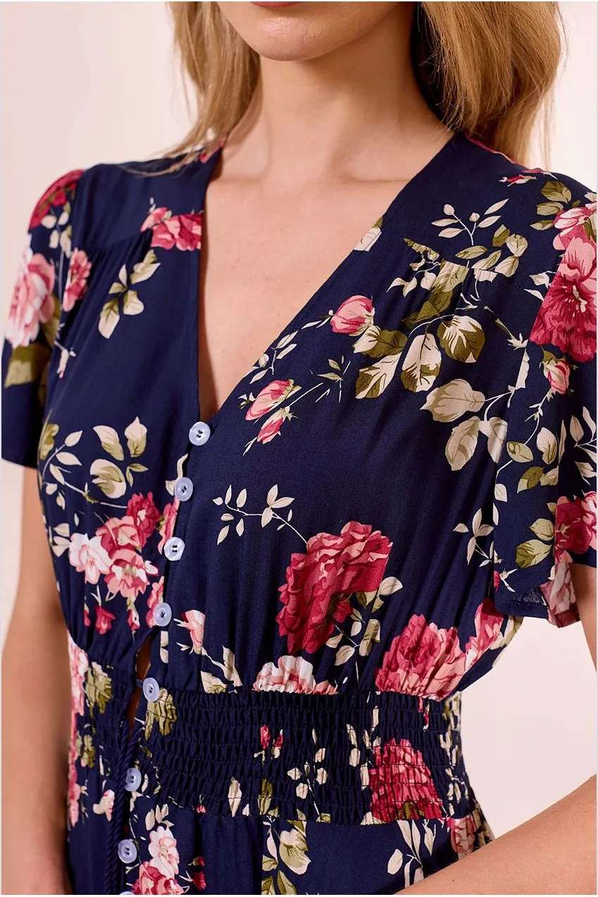 Angeleye Ruched Waist abito maxi navy fiori leggero
