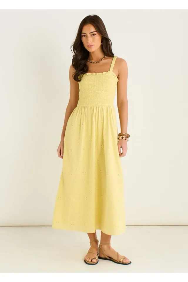 Gini London Yellow Embroidered Shirred Bodice abito giallo sole