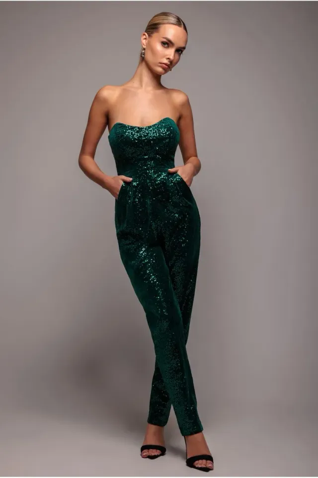 Goddiva Corset tuta lunga verde velluto paillettes