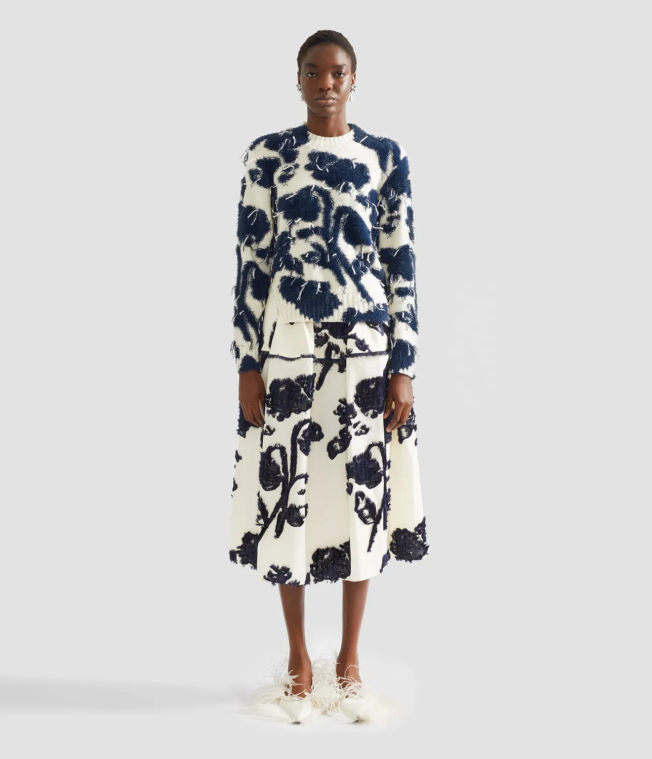Erdem Textured Floral maglione lana cropped panna blu