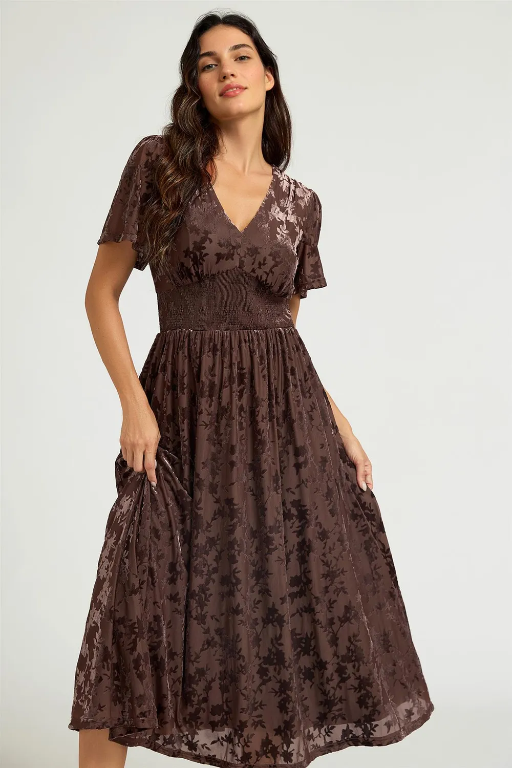 FS Collection Velvet Burnout midi abito marrone scollo V