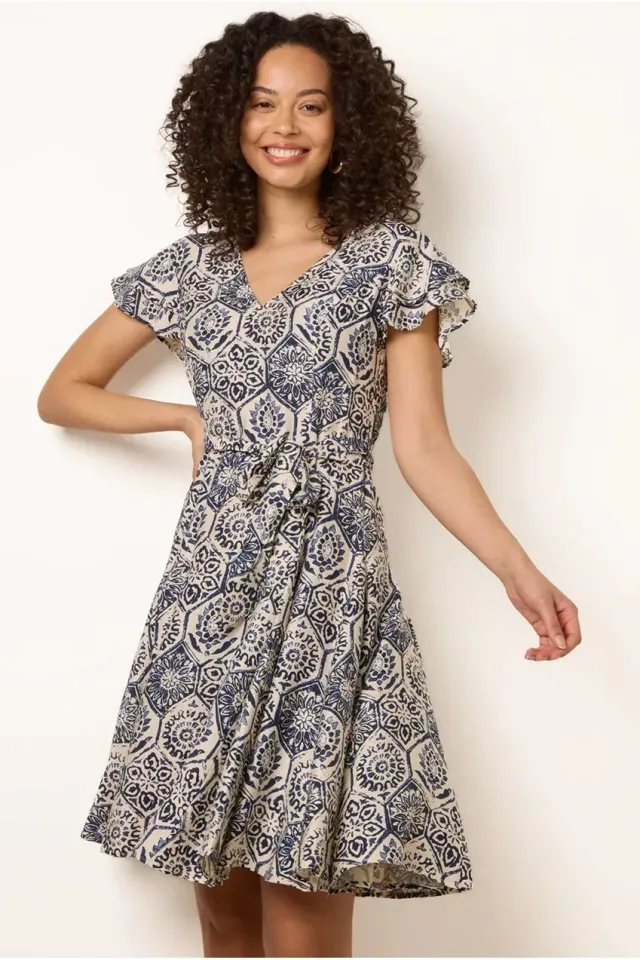 Blue Vanilla V Neck Godet abito mini blu navy fantasia