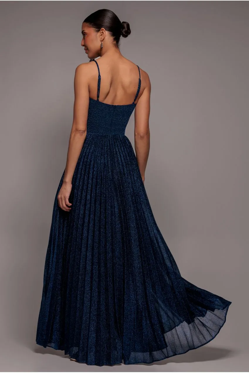 Goddiva Pleated A Line Lurex abito maxi scollo V navy