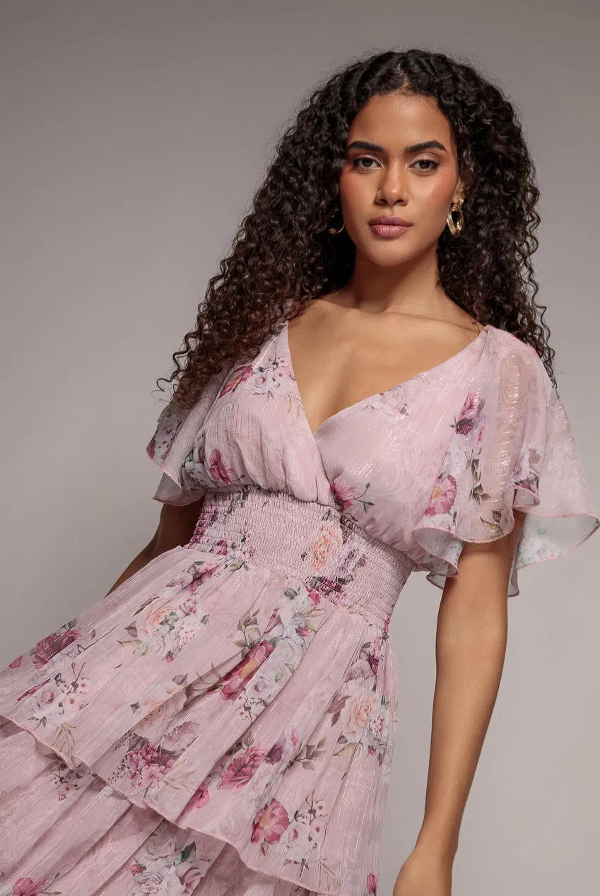 Goddiva Layered Floral Midi With Flutter Sleeves abito blush floreale