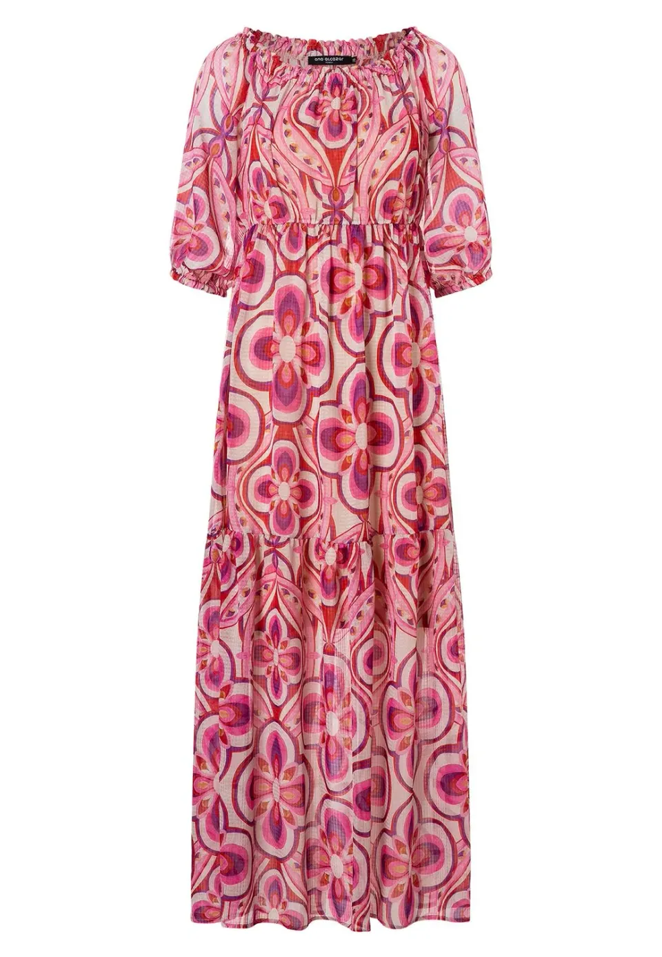 Ana Alcazar Keani abito maxi balze floreale rosa