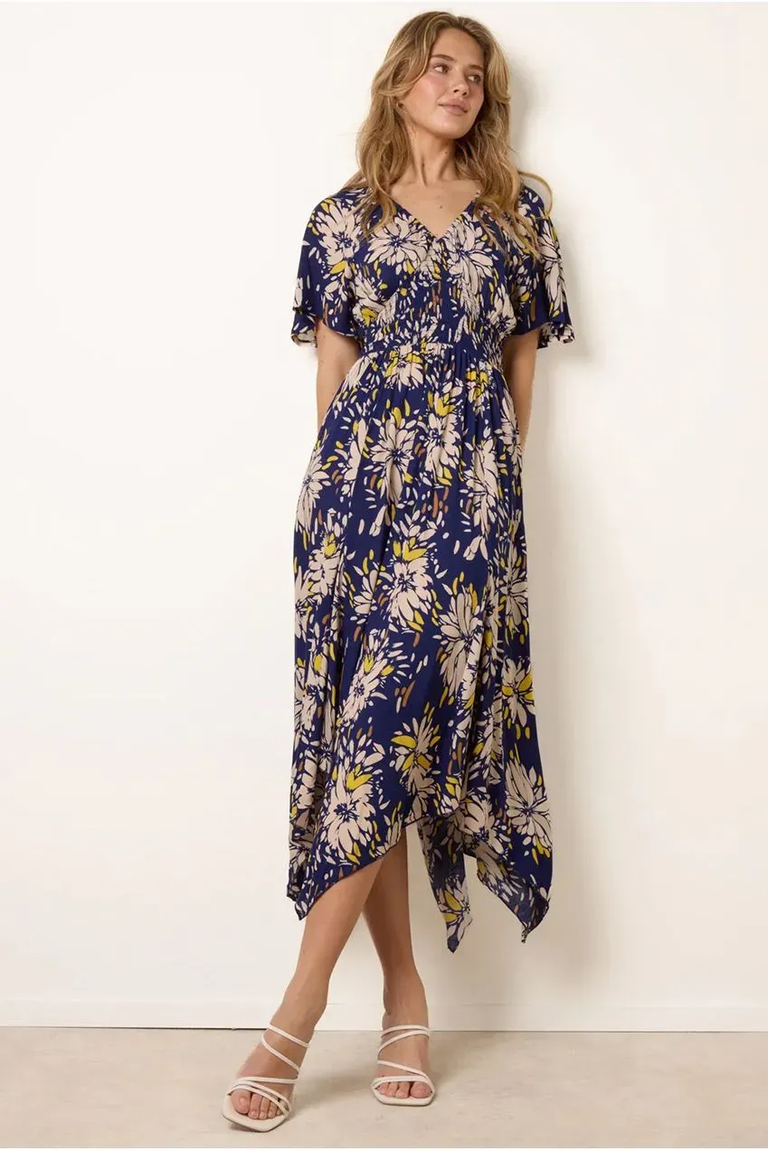 Blue Vanilla Shirred Waist Hanky Hem abito limone floreale