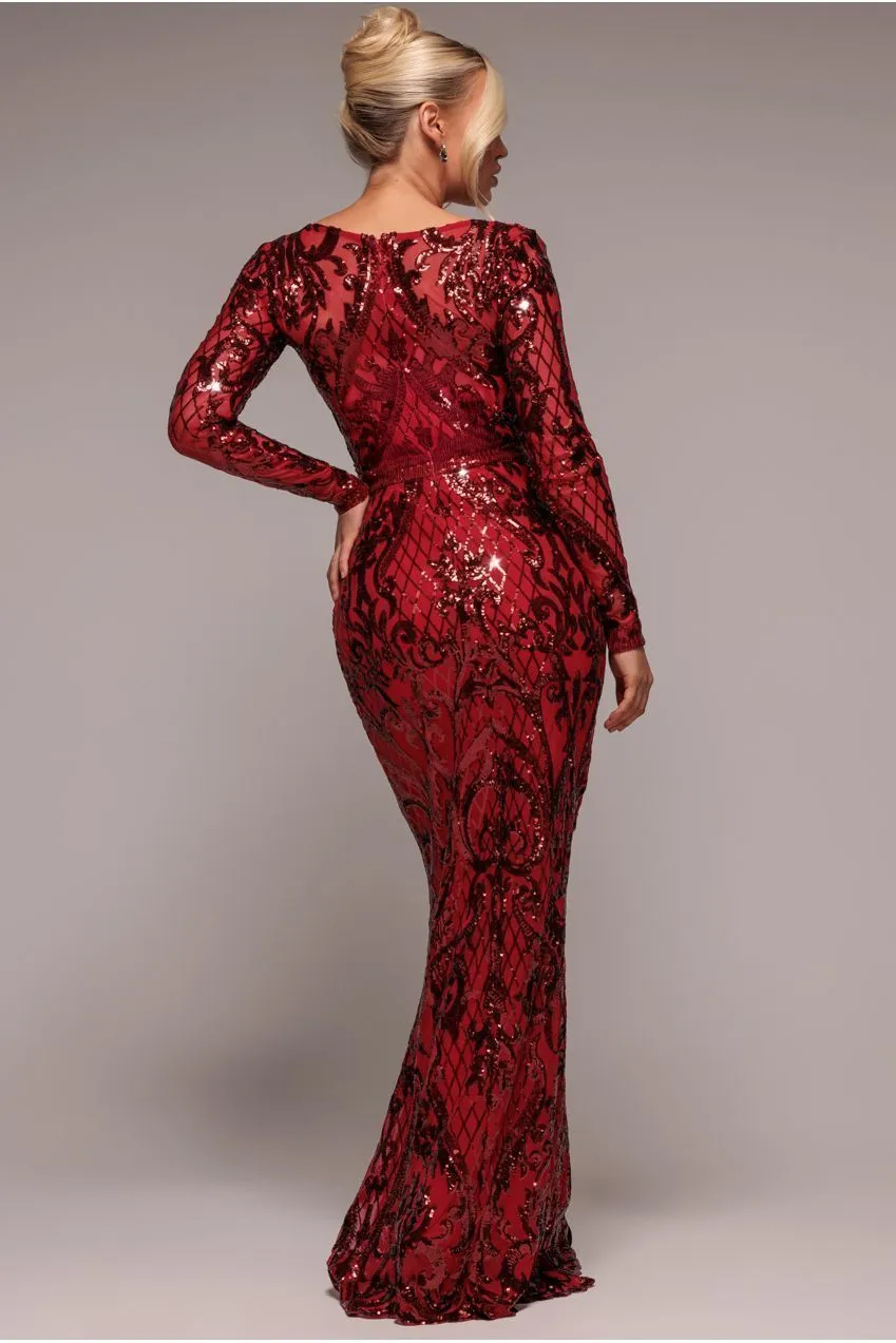 Goddiva DR4124 Maxi Abito Rosso Paillettes Scollo Quadrato