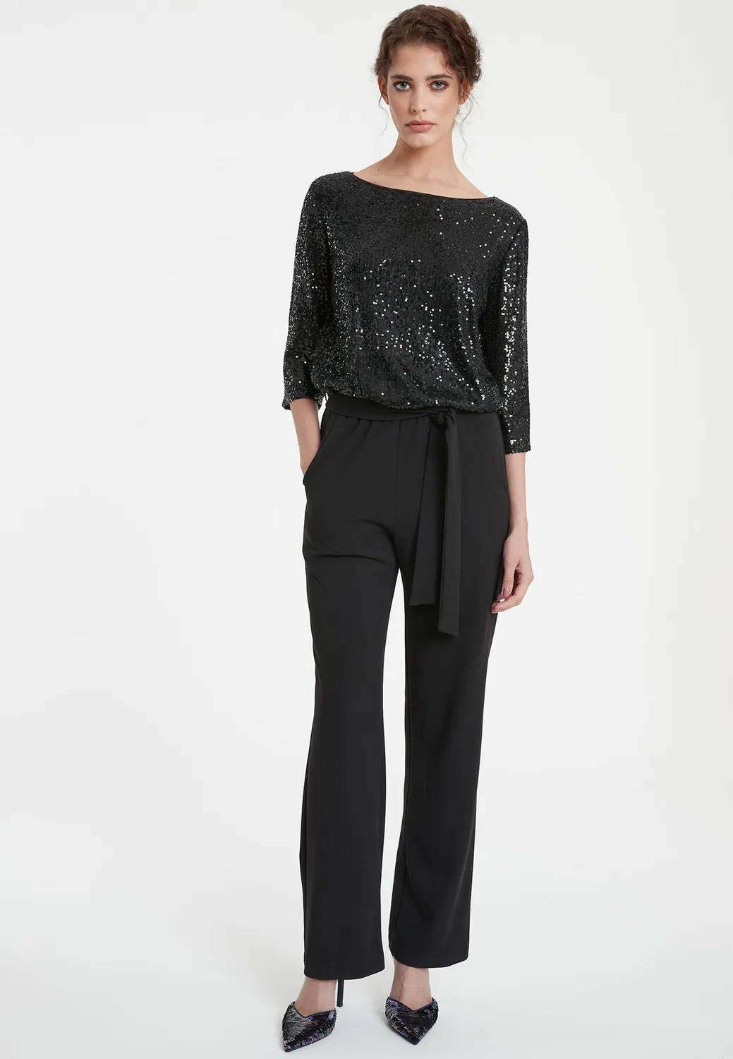 Ana Alcazar Tafine tuta nera paillettes maniche 3/4