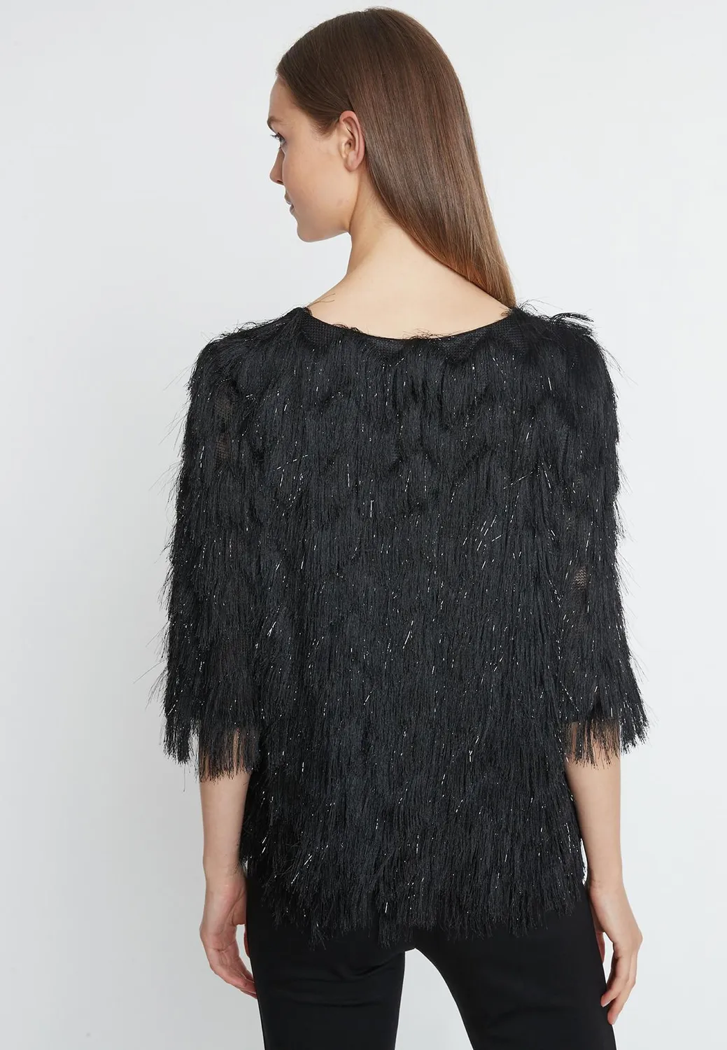 Ana Alcazar Macea Top Nero con Frange Zigzag