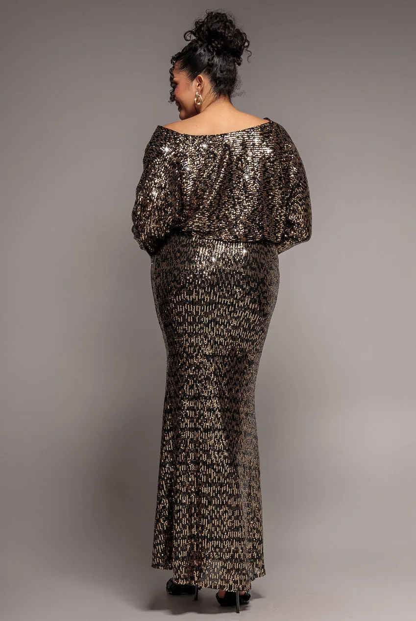 Goddiva Plus DR4051 Abito Maxi Nero Paillettes Scollo