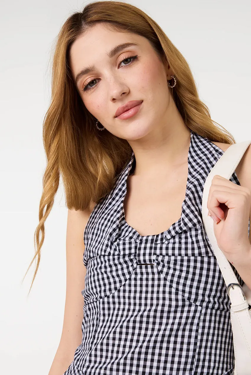 Pink Vanilla Gingham Halter abito mini nero bianco cotone