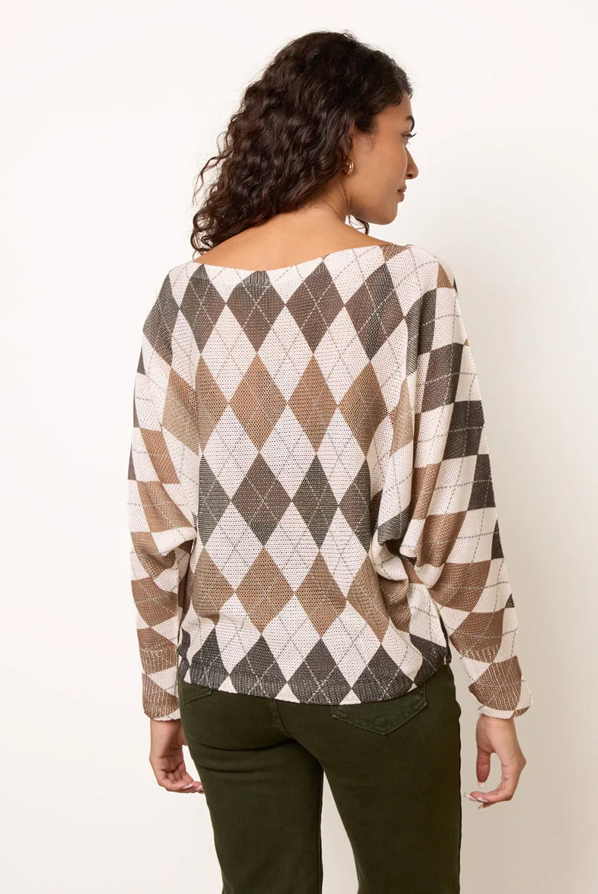 Blue Vanilla Argyle maglione marrone scollo barca taglia unica