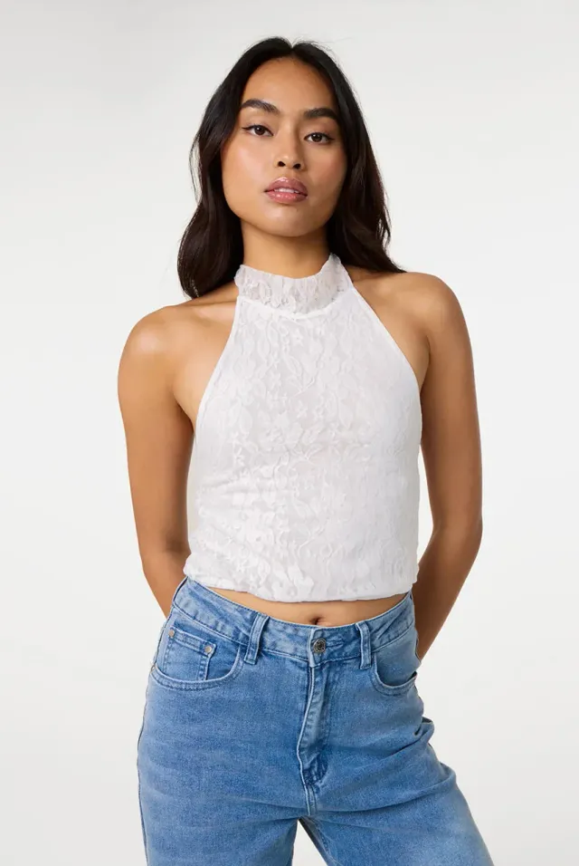 Pink Vanilla top pizzo avorio S scollo halter allacciato