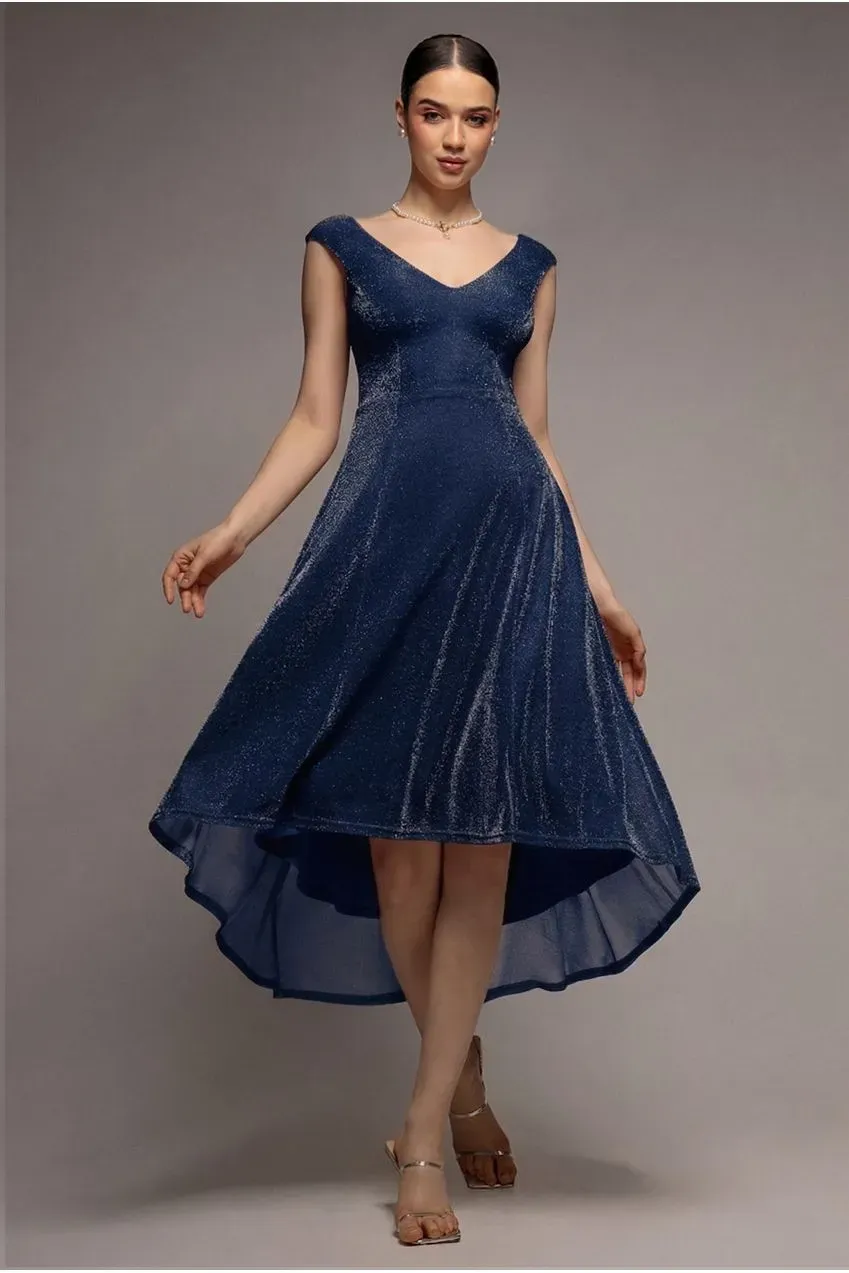 Goddiva Lurex Off Shoulder abito navy asimmetrico lurex