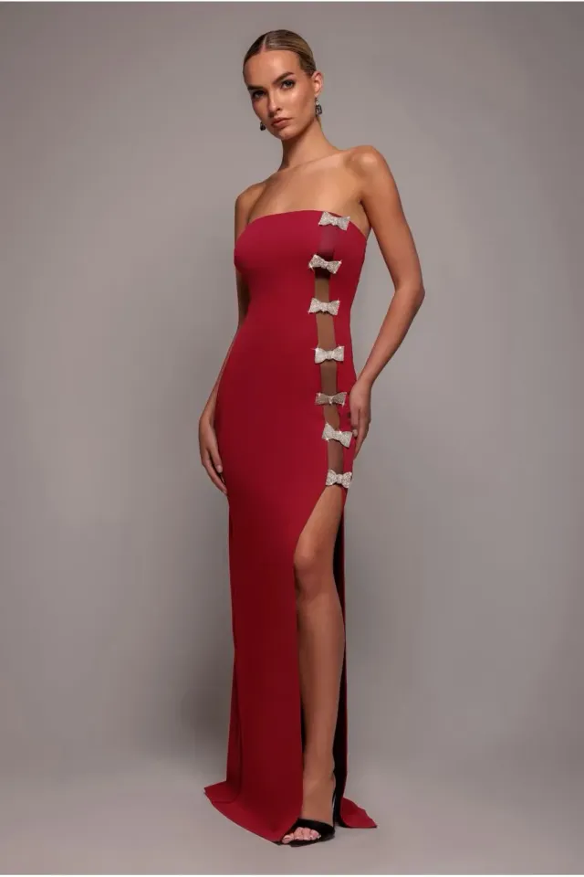 Goddiva Mermaid maxi abito bordeaux sirena spacco