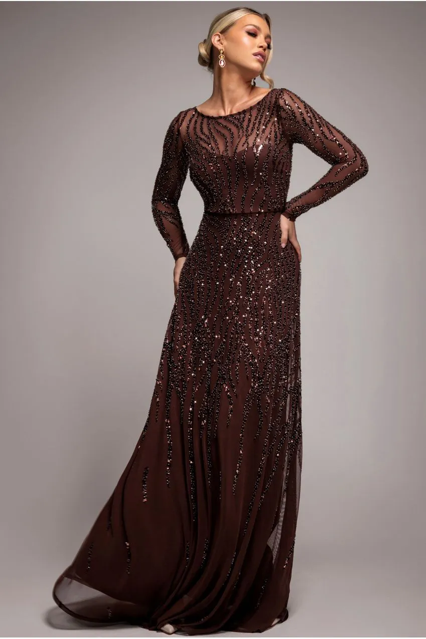 Goddiva Ombre abito maxi paillettes marrone