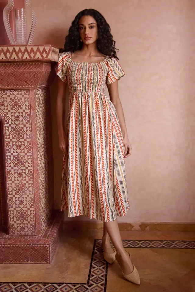 Blue Vanilla Print abito midi arancione fantasia manica corta