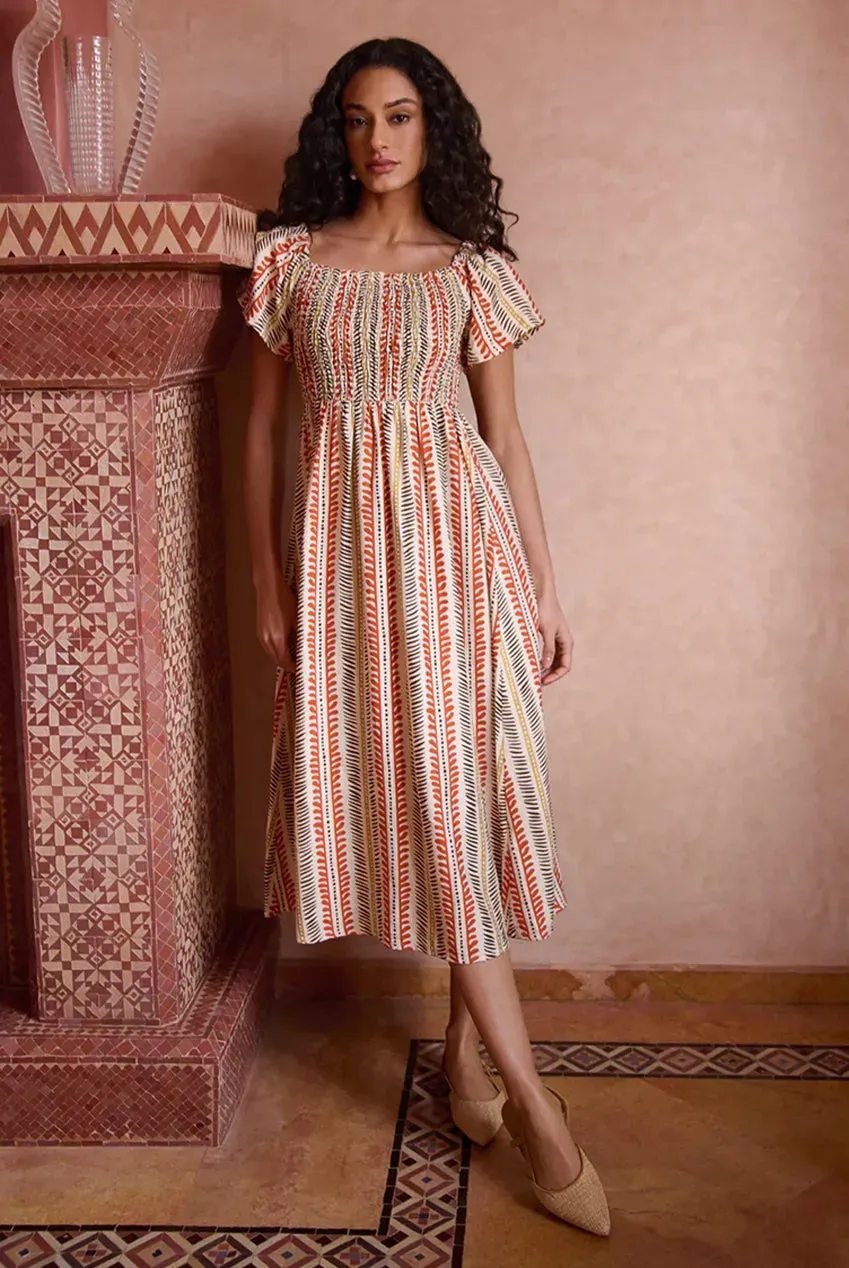 Blue Vanilla Print abito midi arancione fantasia manica corta