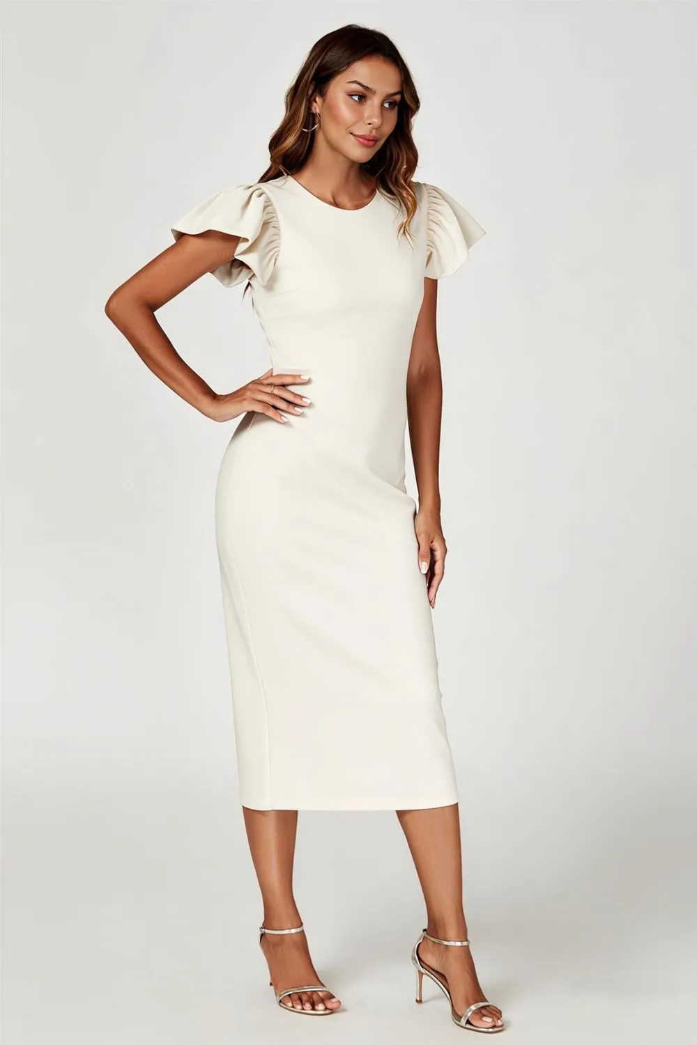 FS Collection Volume Sleeve Bodycon abito midi bianco scollo tondo
