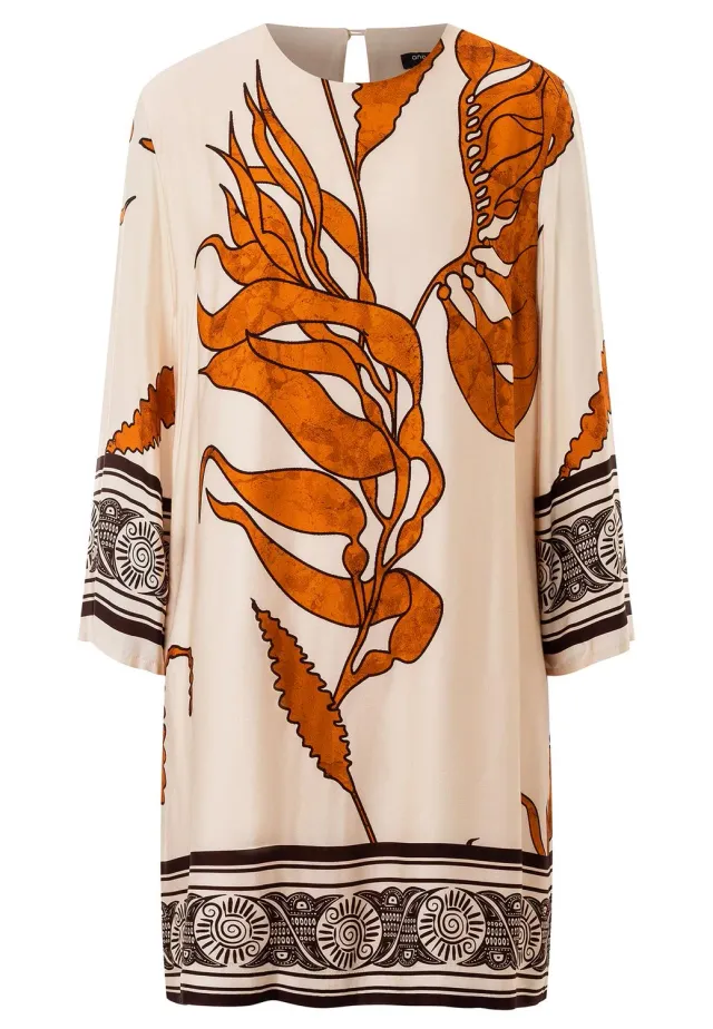 Ana Alcazar Palosa abito tunica beige raso stampa marrone