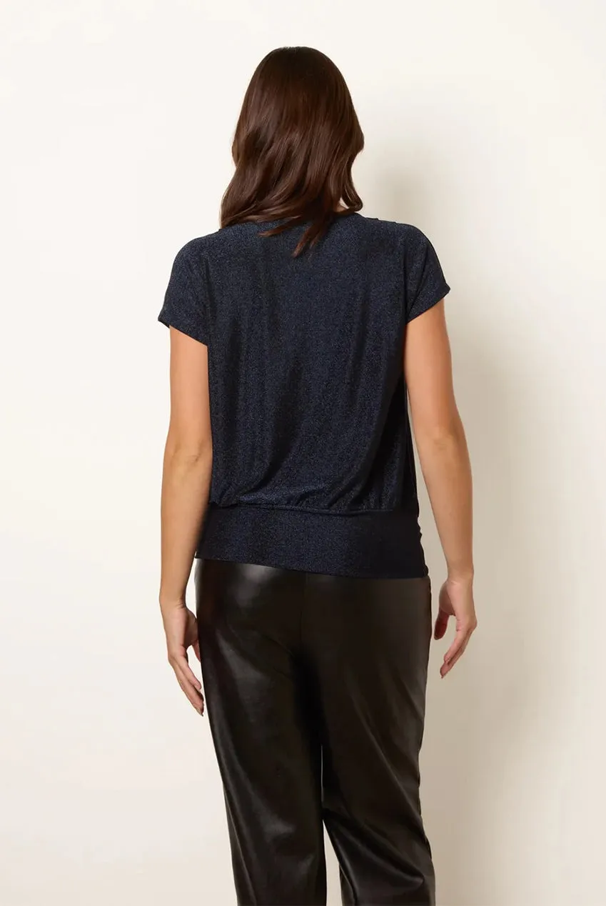Blue Vanilla Cowl Neck Draped top blu navy metallizzato