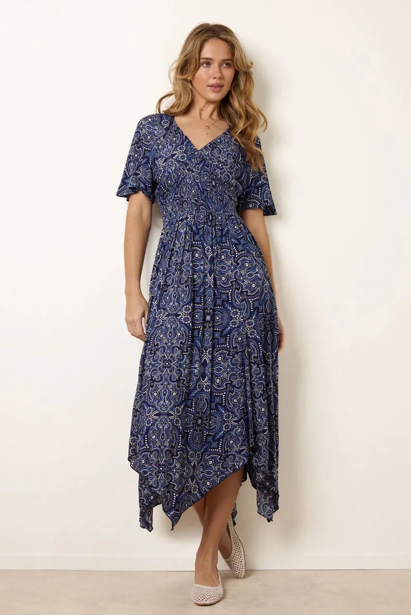 Blue Vanilla Paisley abito midi navy viscosa manica corta