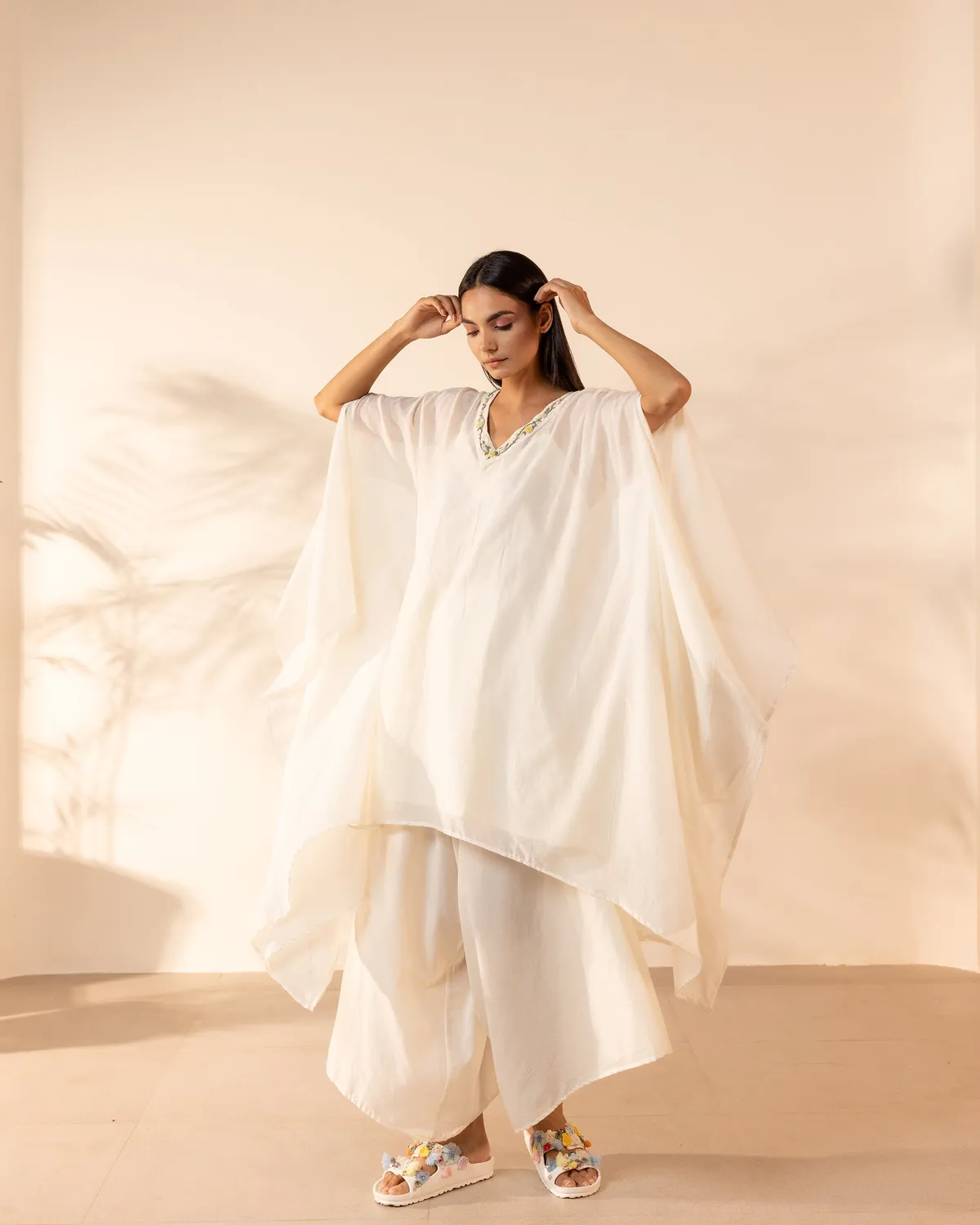 Our Dve Lemon Drop caftano beige cotone con pantaloni taglia unica